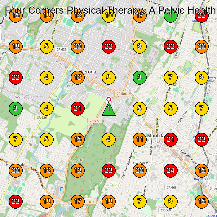 Four Corners Physical Therapy. A Pelvic Health & Wellness Center. Physical Therapist GeoGrid ranking map for Montclair NJ